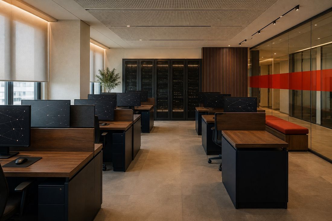 Empty open-plan office: walnut desks, monitors showing faint network diagrams, server cabinets at the far wall and a red stripe across the glass partition