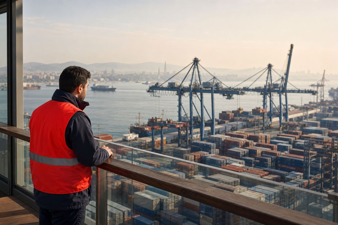 Man in a red high-visibility vest looks out from a glass balcony over a container terminal, blue gantry cranes and stacked containers below