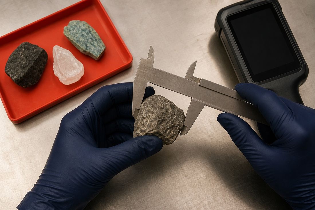Two navy-gloved hands measure a rough grey mineral with a steel caliper; more samples sit on a red tray beside a handheld analyser