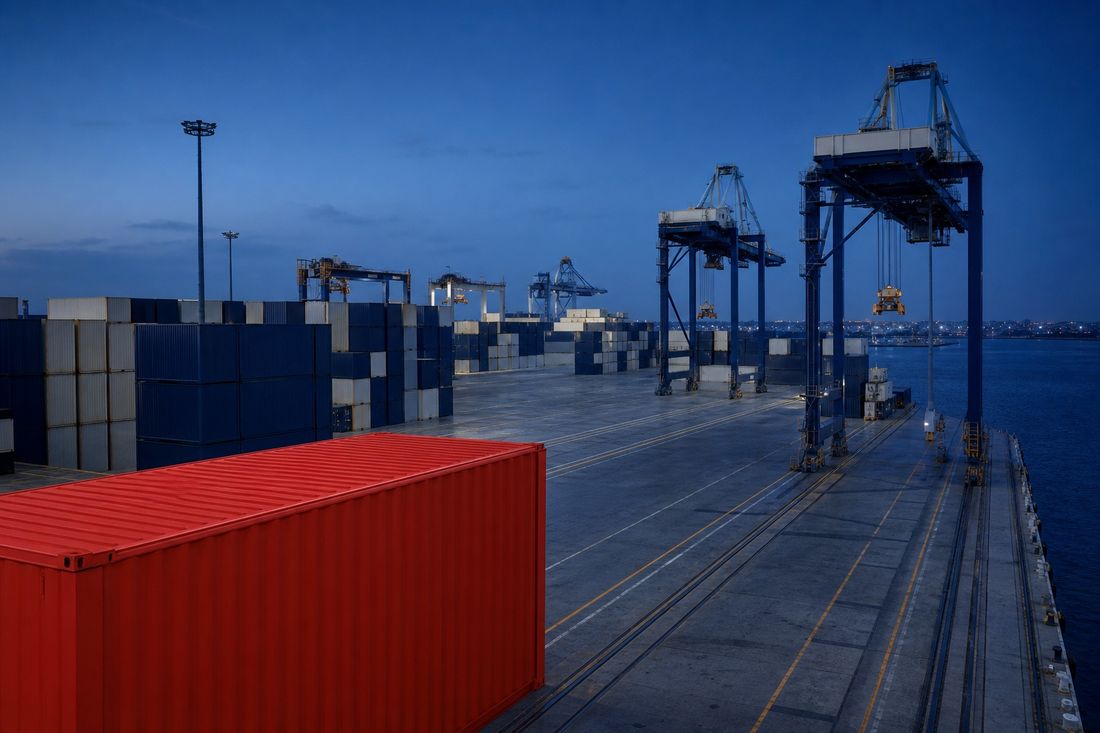 Container terminal at blue hour: ship-to-shore cranes over an empty quay, a red container in front, stacked boxes and the sea beyond