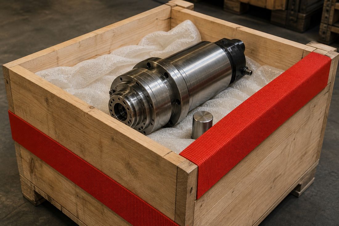 Polished steel machine spindle packed in foam inside an open wooden crate bound with a red strap, warehouse pallets behind
