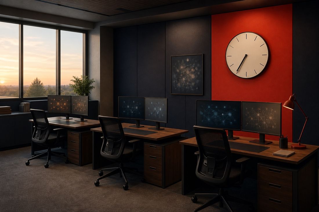 Empty dusk office with three desks of paired monitors showing network graphics, a red desk lamp and a large cream clock on a red wall