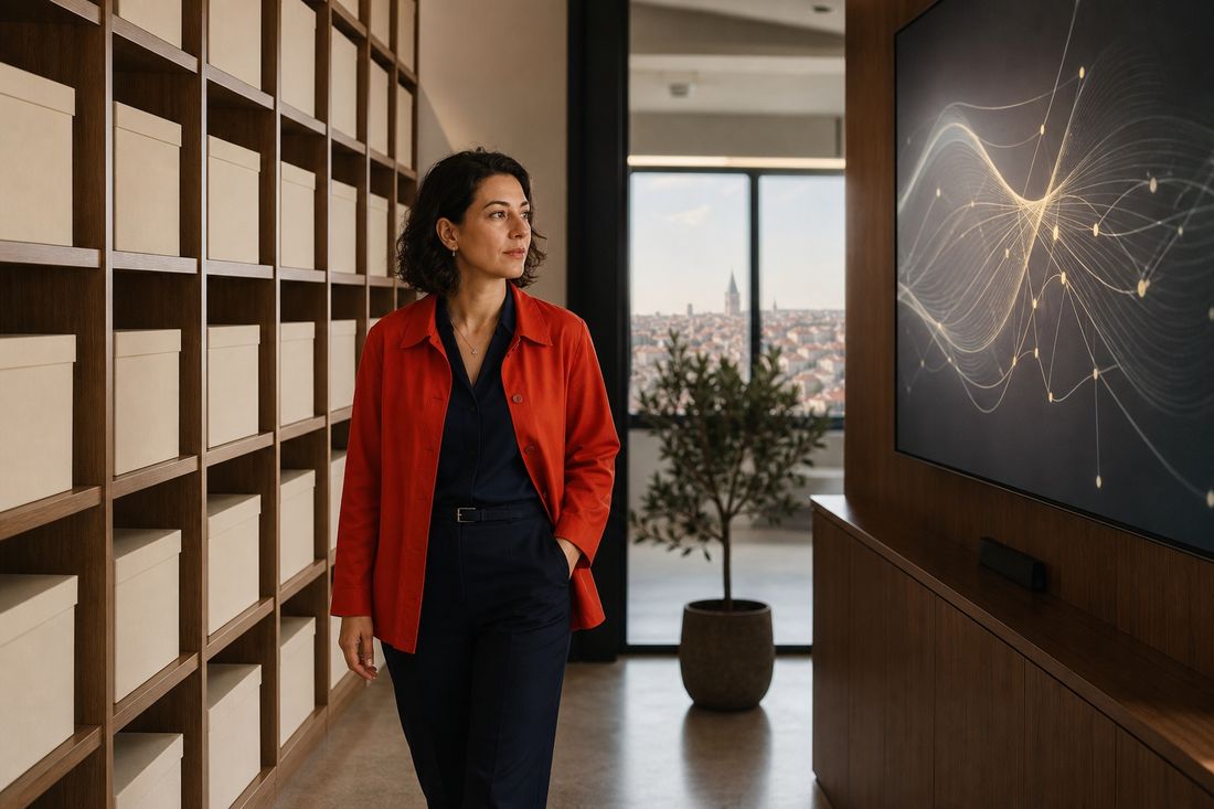 Woman in a red jacket and navy suit walking past shelves of cream archive boxes toward a glowing data-network screen