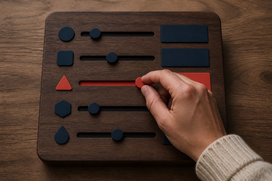 A hand slides the single red marker along one track of a walnut control board whose other sliders and shape markers are navy