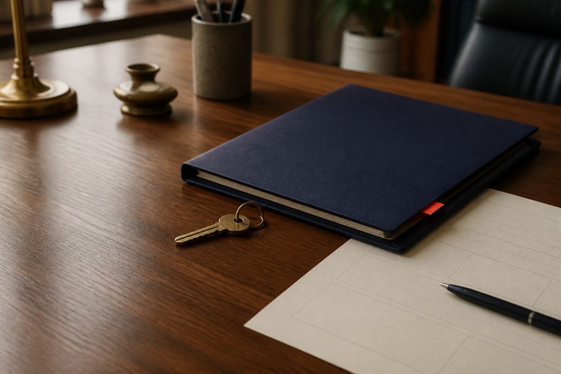 Brass key on a ring lying beside a closed navy folder with a red tab, a blank ruled form and pen on a walnut desk