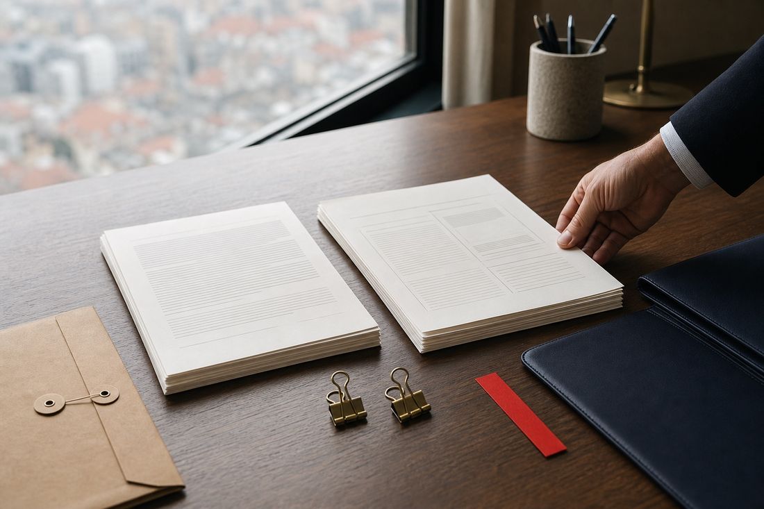 A suited hand squares one of two document stacks on a dark desk, beside a kraft envelope, brass clips and a red marker strip
