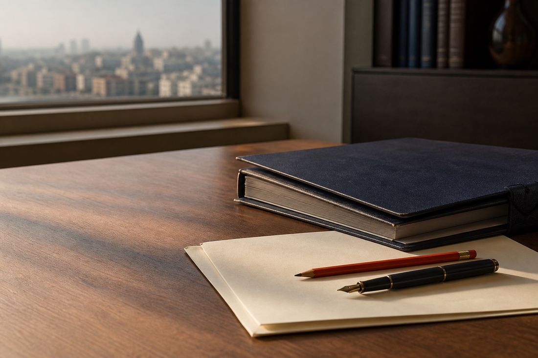 Navy ledger on a bound volume beside a cream folder, a red pencil and a fountain pen, on a walnut desk above a hazy city skyline