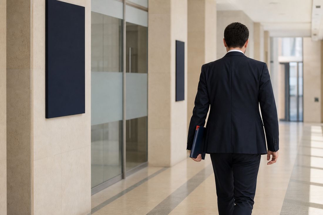 Man in a navy suit walks away down a pale stone corridor lined with glass partitions, a dark folder with red edging under his arm