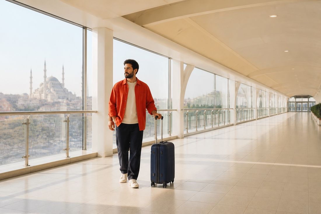 Bearded traveller in a red-orange shirt walks a bright, empty airport walkway with a navy cabin case, domed mosque beyond the glass