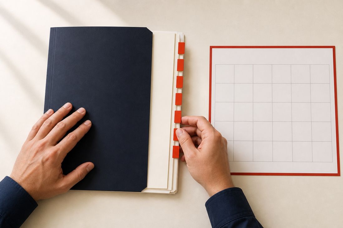 Overhead view of one hand steadying a navy dossier while the other pulls a red index tab, beside a blank calendar grid