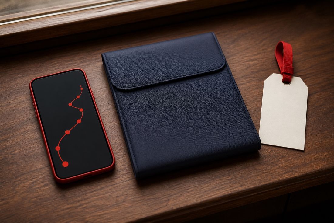 A red-cased phone traces a winding dotted line on its screen beside a navy document sleeve and a blank cream luggage tag on dark wood