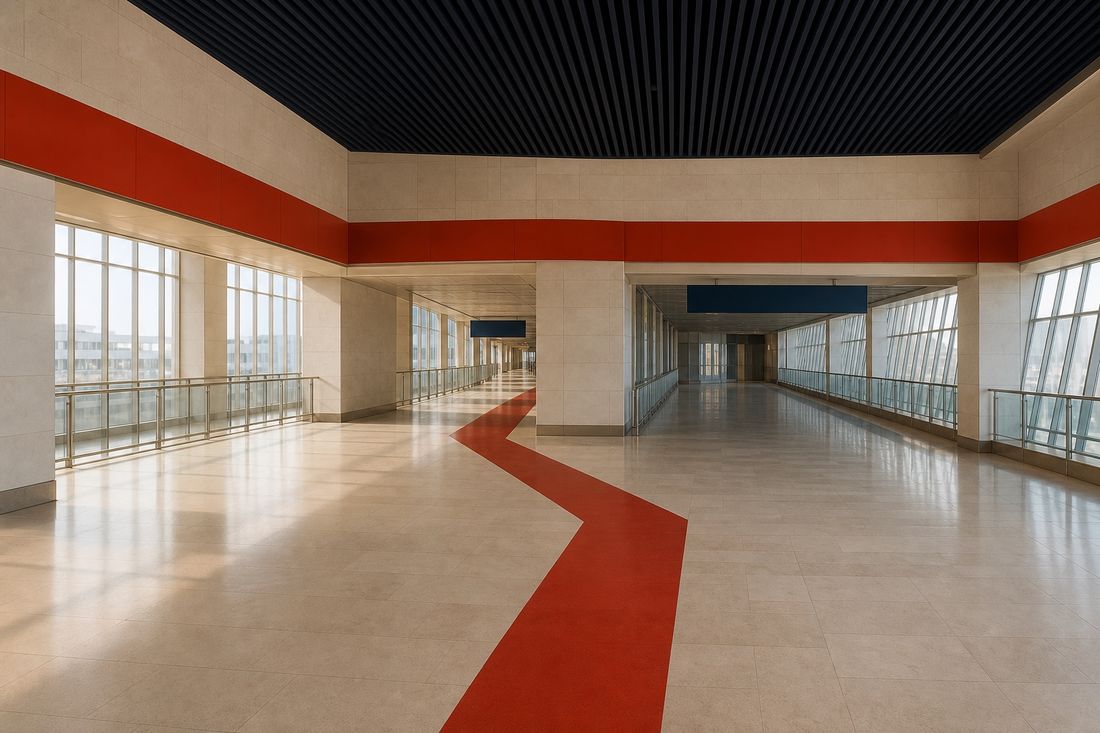 Empty terminal concourse with a broad red band along cream walls and a thick red path painted on the floor turning into the distance
