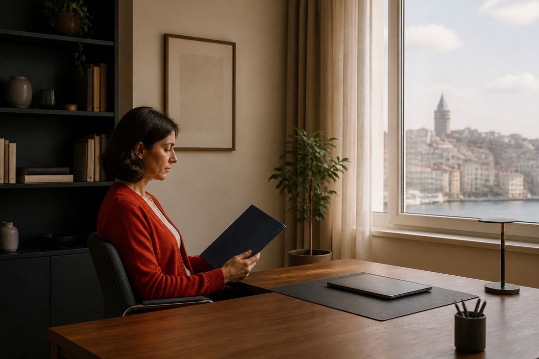 Woman in a red cardigan reads a navy folder at a wide wooden desk, the Galata Tower and waterfront visible through the window