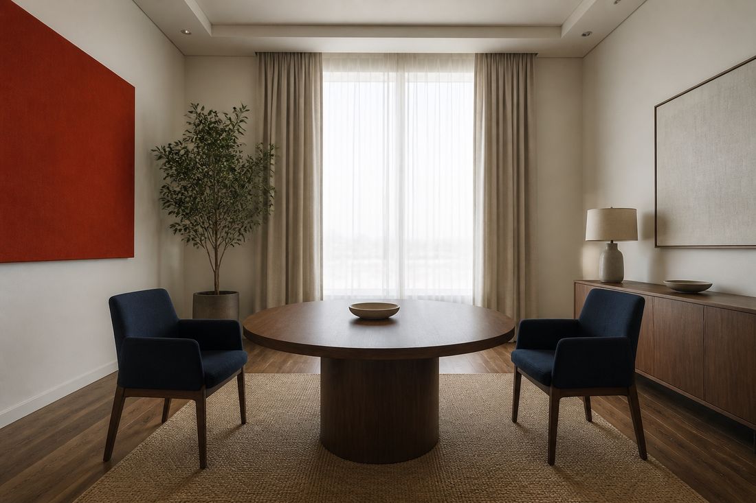 Quiet empty room with two navy armchairs facing each other across a round wooden table, a red panel on the cream wall