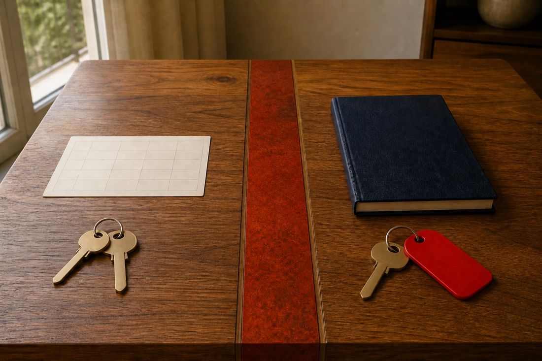A red inlaid strip divides a dark wood table: a grid card and two brass keys on one side, a navy book and red-tagged key opposite