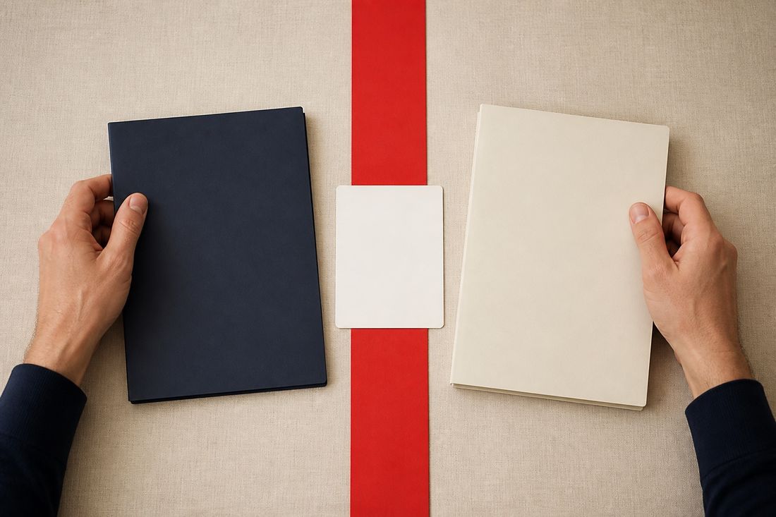 Two hands, one from each side, rest on a navy and a cream folder separated by a broad red band, small white card between them