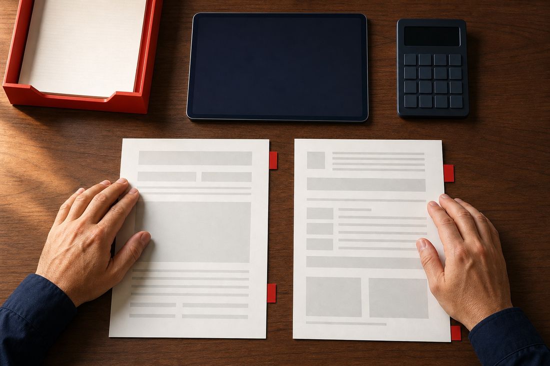 Two hands rest on printed documents marked with small red tabs on a dark wood desk, beside a tablet and a calculator