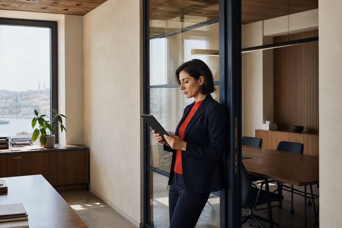 Woman in a navy suit and red top reads a tablet by a glass office door, meeting room and sea view behind her