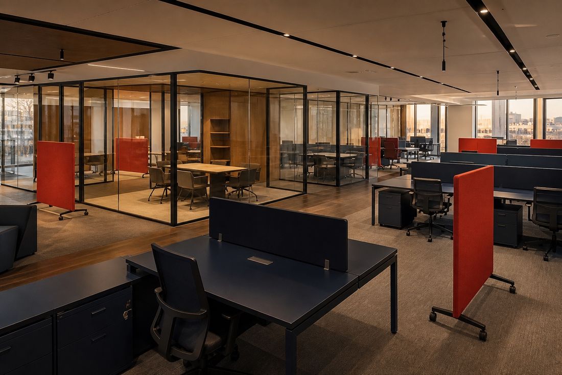 Empty open-plan office at dusk with navy desks, vacant chairs, red mobile screens on castors and glass-walled meeting rooms