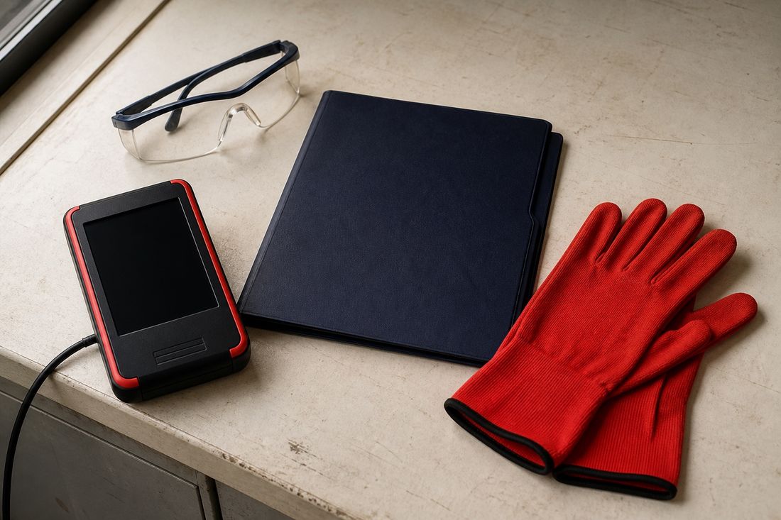 Safety goggles, a navy folder, red knitted work gloves and a rugged handheld device laid out on a worn pale worktop