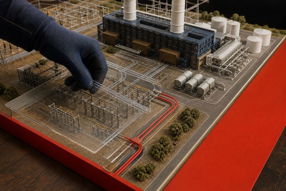 A navy-gloved hand reaches into a scale model of a power plant with white stacks, storage tanks and a switchyard on a red base