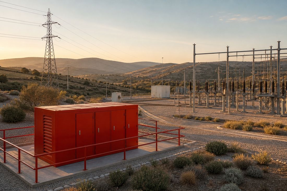A red switchgear cabin behind red railings on a concrete pad, with a lattice pylon and an open-air substation in dry hills