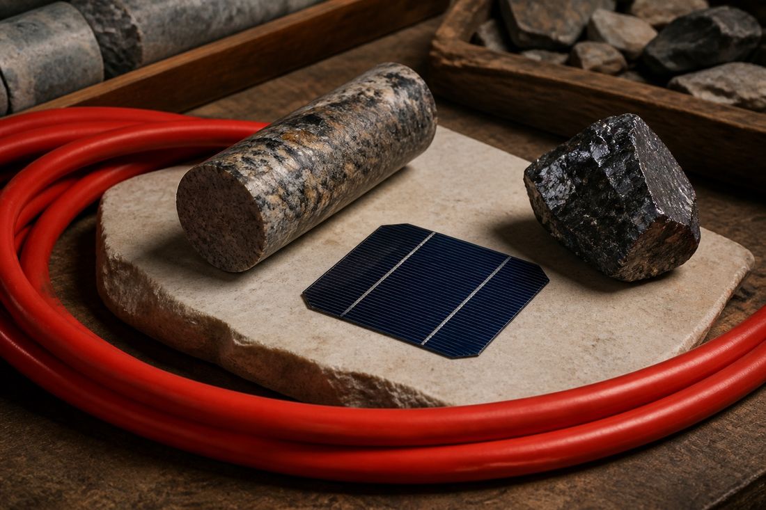 A rock drill core, a dark blue solar cell and a lump of black ore on a pale stone slab ringed by coiled red cable