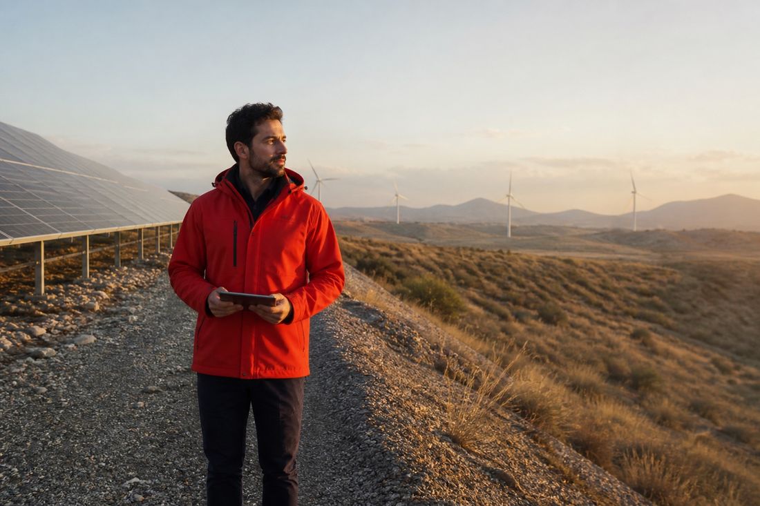 Bearded man in a red jacket holds a tablet on a gravel track between rows of solar panels and wind turbines on dusk hills