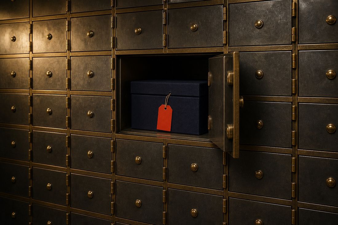 A navy box banded in red sitting inside an open compartment in a wall of brass safe deposit boxes