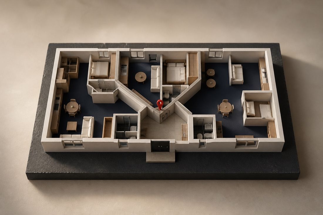 An empty apartment with herringbone parquet, divided down the middle by a red column, windows on both sides