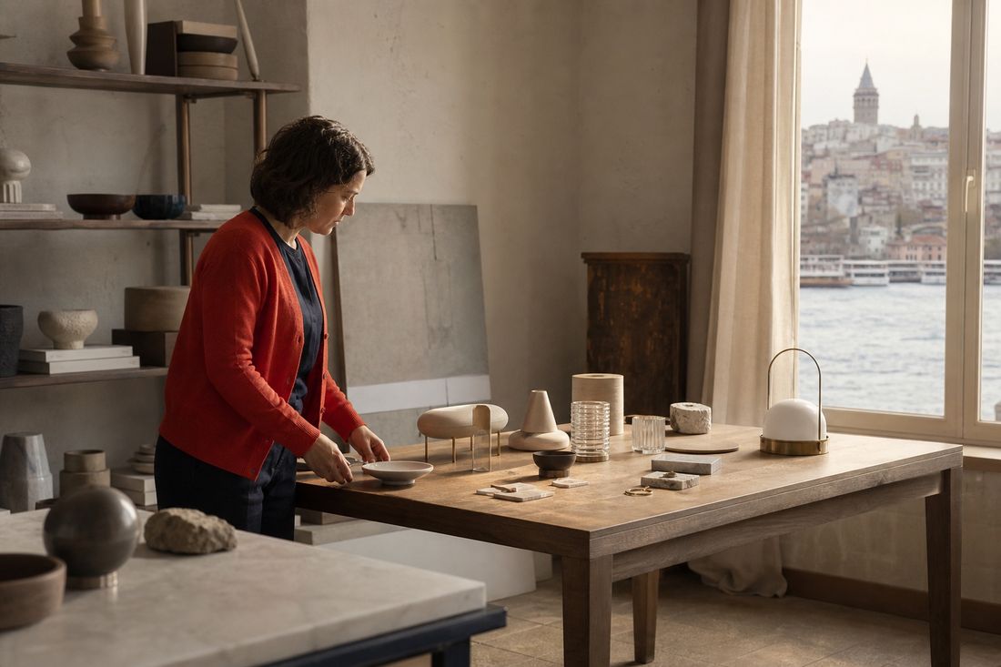Woman in a red cardigan arranging pale ceramic and glass pieces on a long wooden table in a studio with a waterfront view