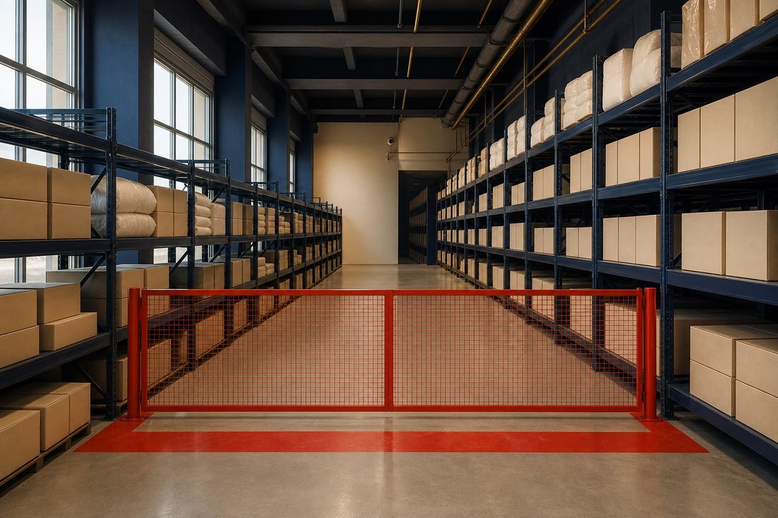 Warehouse aisle of navy steel racking stacked with plain cardboard cartons, closed off by a red mesh gate on a painted red floor band