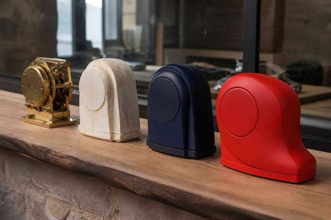 Four versions of one object on a wooden bench: an open brass mechanism, a cream plaster model, a navy casing and a red finished form