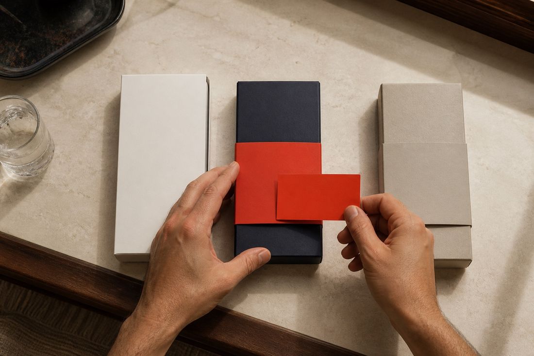 Two hands placing a small red card onto blank navy and red packaging, between plain cream boxes with no printing on them