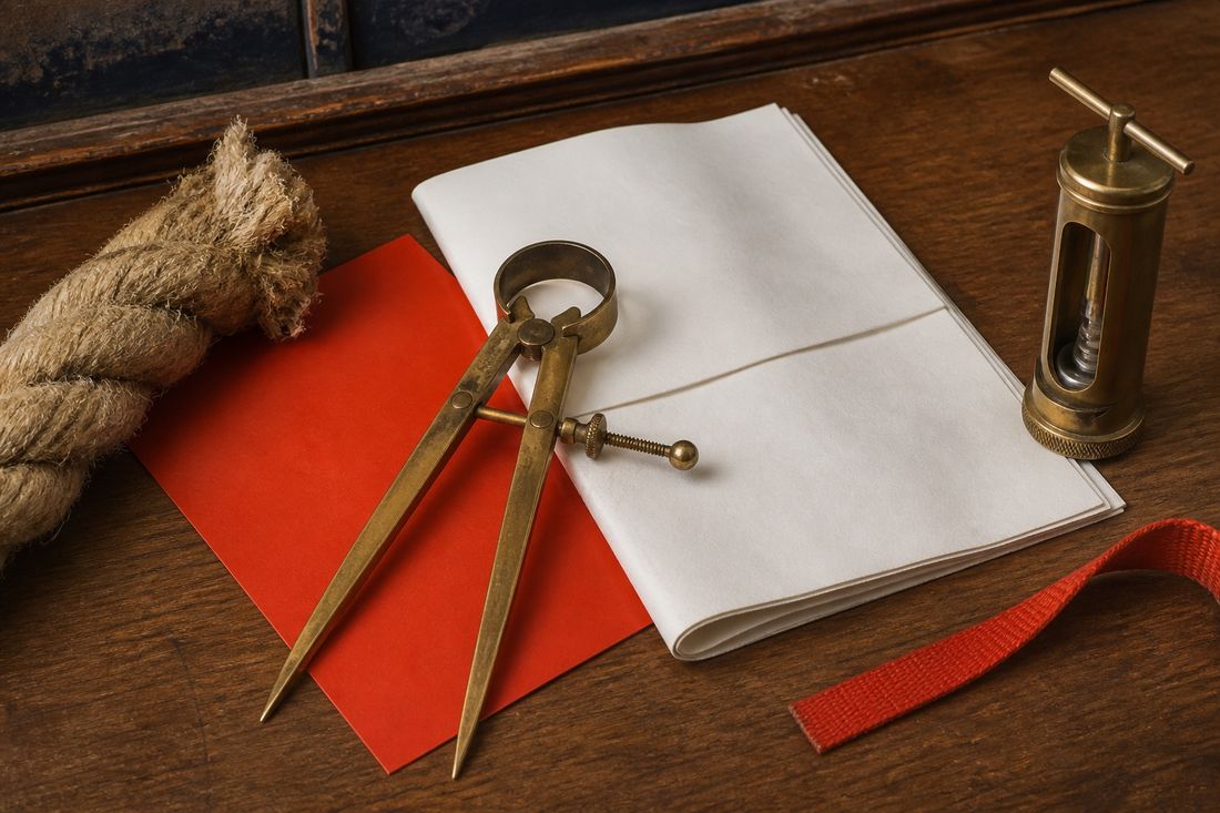 Folded blank document on a dark wooden desk with brass dividers, a coil of hemp rope, a red card and red webbing strap