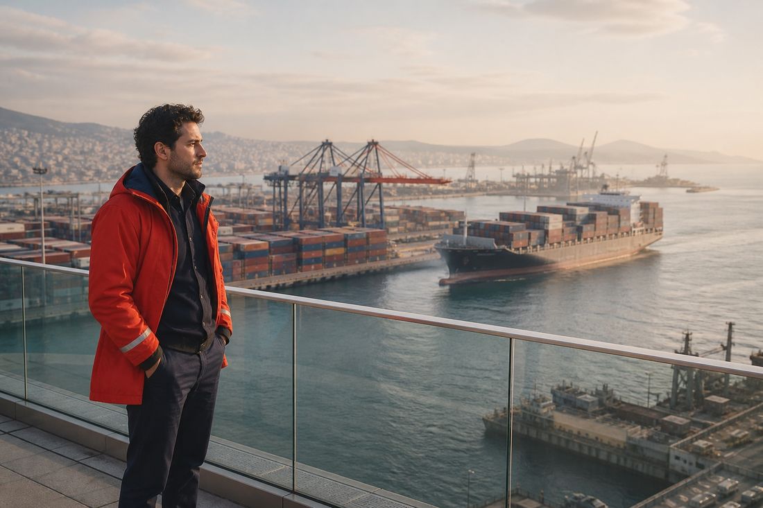 Man in a red hooded jacket at a glass balcony rail, watching a loaded container ship leave the terminal in hazy golden light
