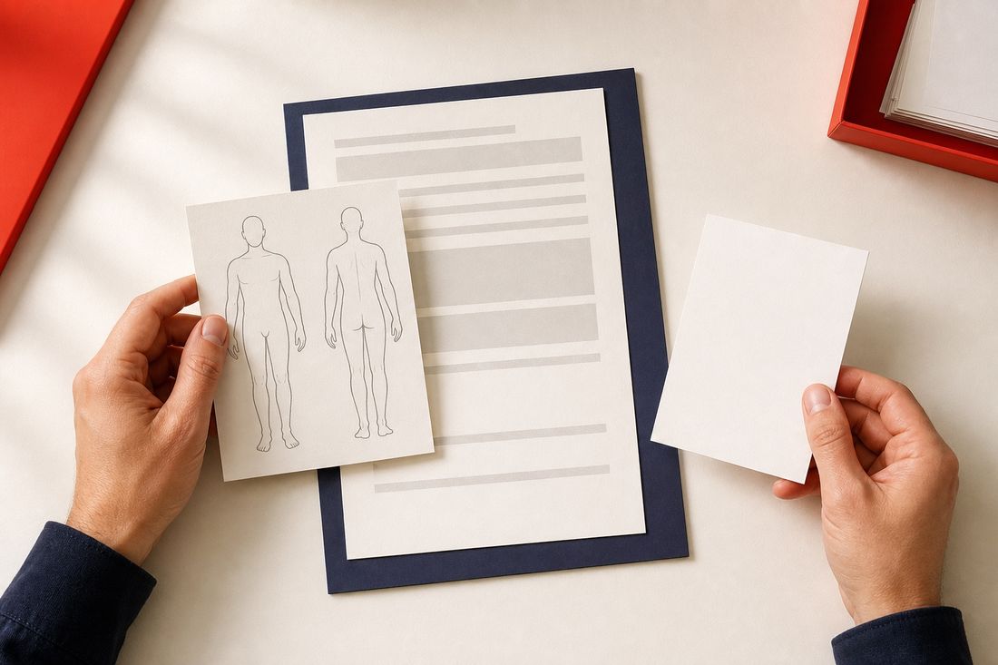 Hands hold an anatomical outline card and a blank sheet above a form on navy backing, its lines of text shown as grey bars