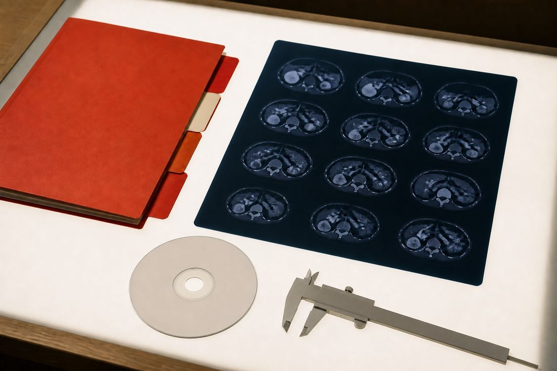 Sheet of twelve dark cross-sectional scan images on a lightbox, beside a red tabbed folder, an unmarked disc and a metal caliper