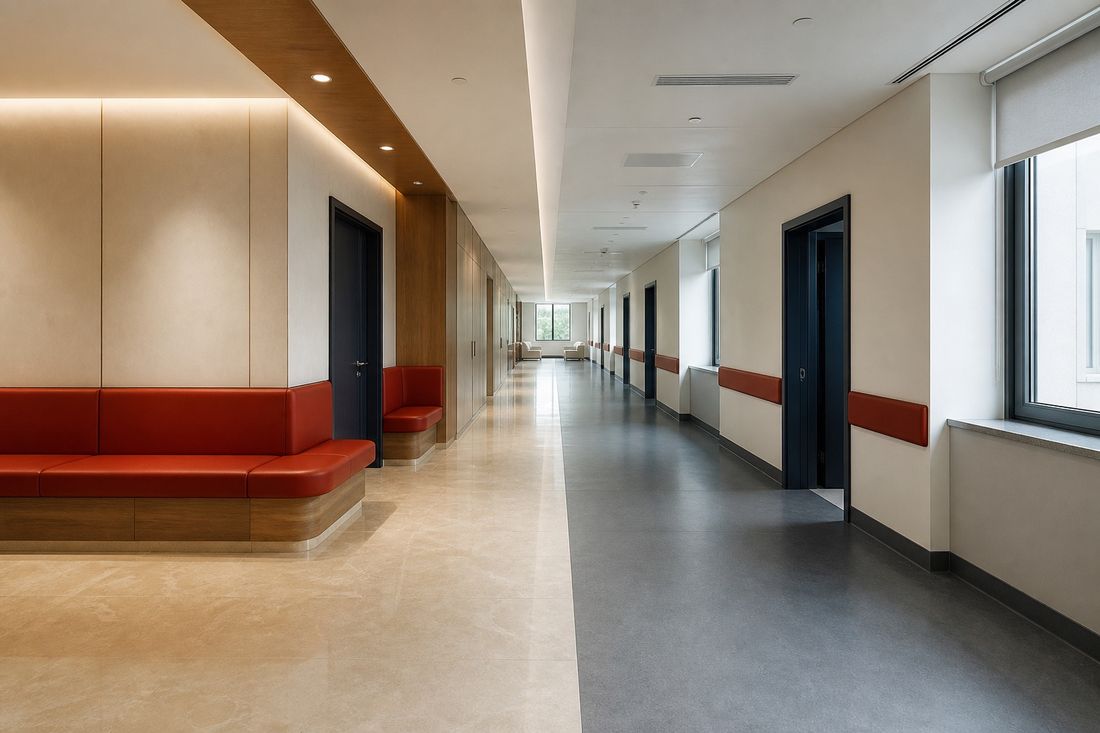 Empty corridor split down the middle: warm wood, cream stone and red bench seating on one side, grey floor and clinical white on the other