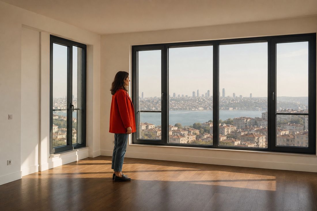 Woman in a red coat stands on the bare wood floor of an empty apartment, looking out over the Bosphorus