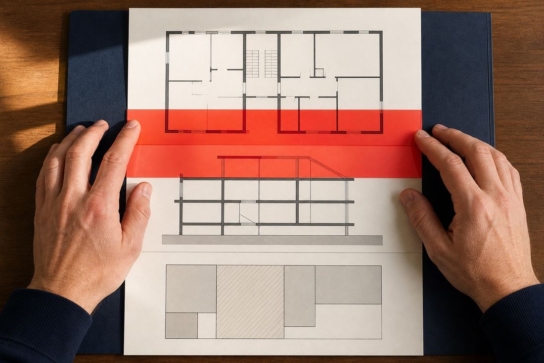Two hands flatten an architectural drawing of floor plans and a section, a red band crossing it, on a navy folder