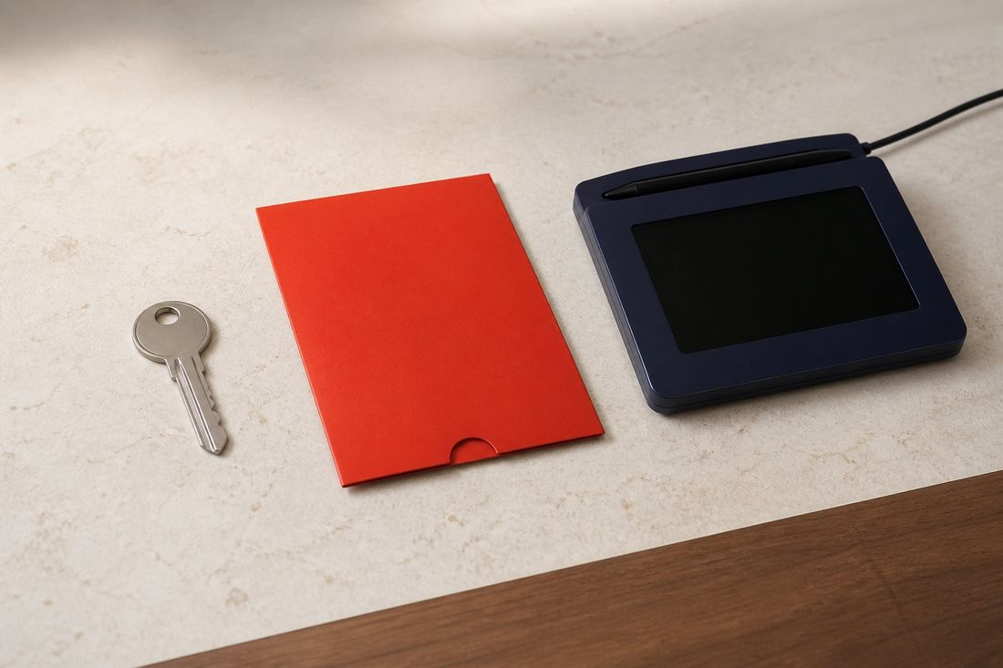 A single silver key, a red card sleeve and a navy signature pad with stylus laid out on pale stone