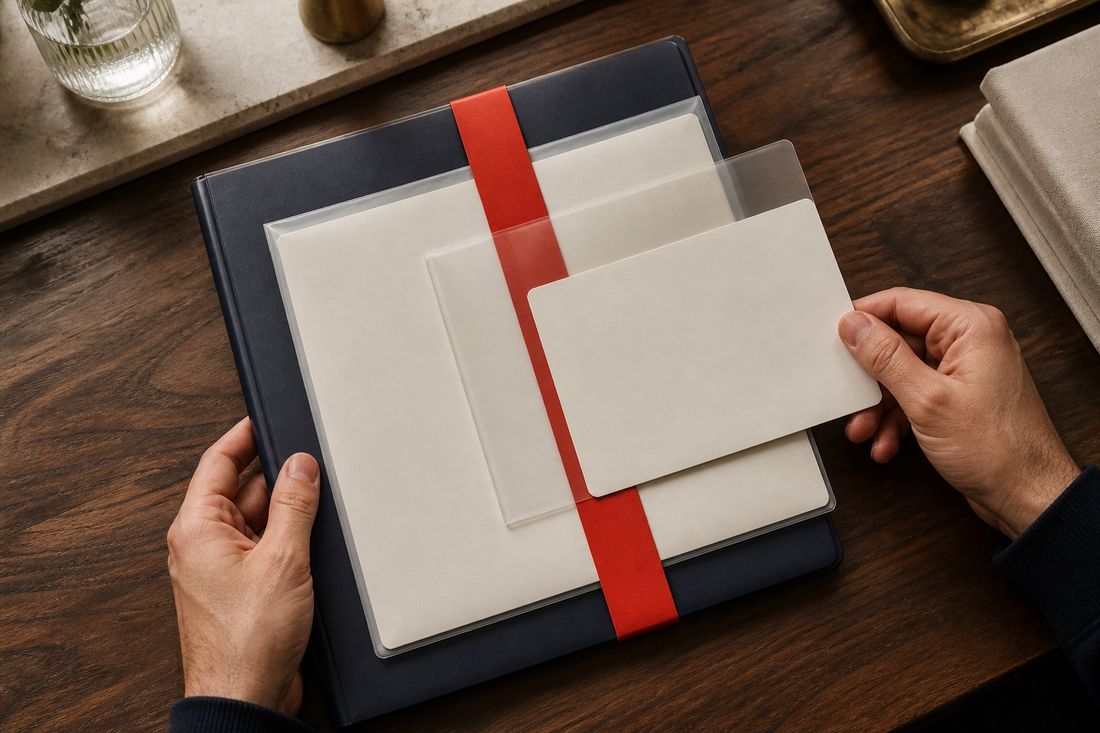 Seen from above, two hands lay blank cream sheets in clear sleeves onto a navy folder banded in red