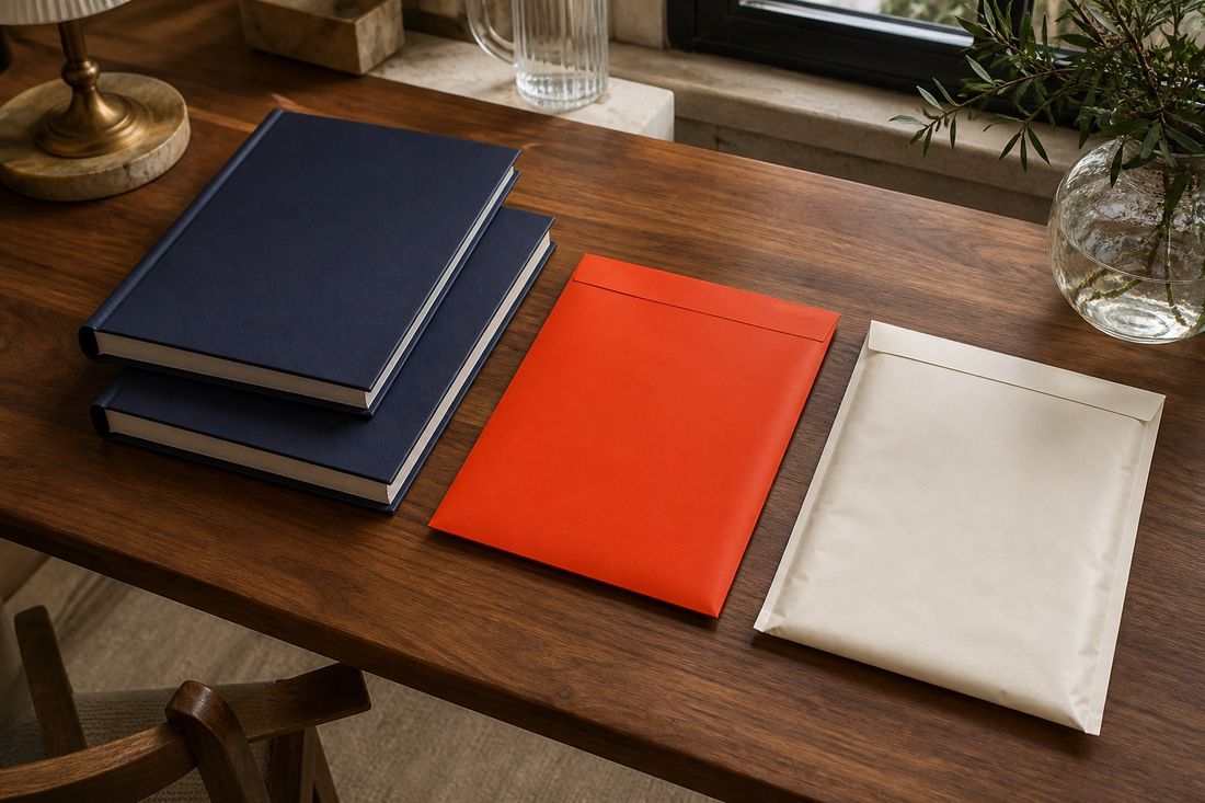 Two navy hardbound volumes, a red envelope and a padded cream envelope lined up on a walnut table by a window