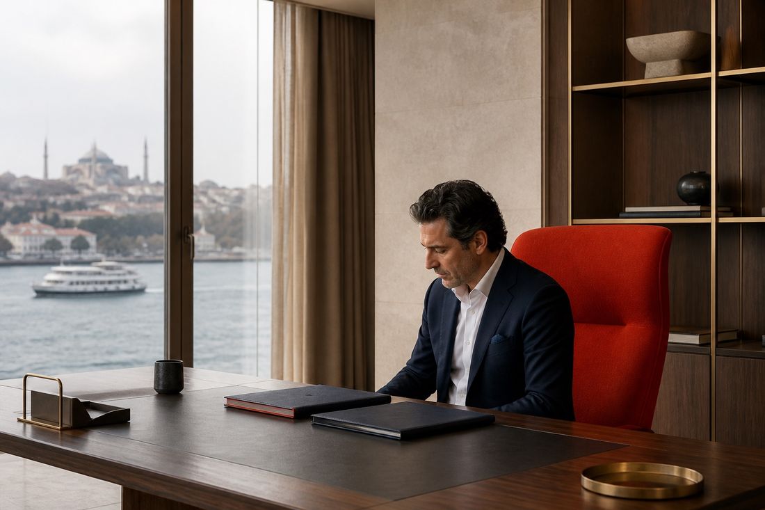 Man in a navy suit sits in a red armchair at a dark desk with closed black folders, water and a domed mosque beyond the window