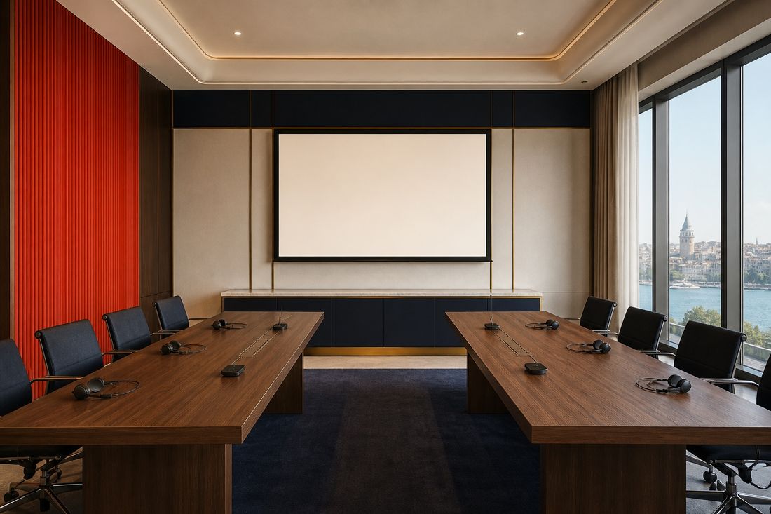 Empty hearing room: two long walnut tables facing each other, headsets and microphones set out, a blank screen and red slatted wall