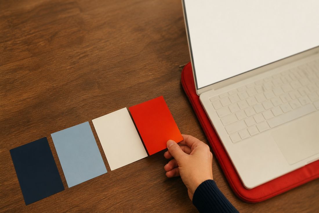 On a wooden desk beside a cream laptop, a hand places a red card at the end of a row of navy, blue and cream cards