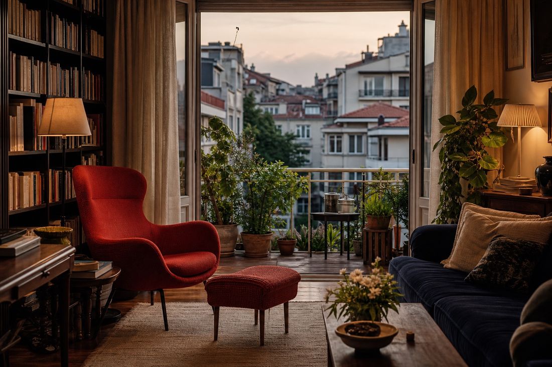 A lived-in flat at dusk with full dark bookshelves, a lit lamp, a red armchair and footstool, and balcony doors open onto rooftops