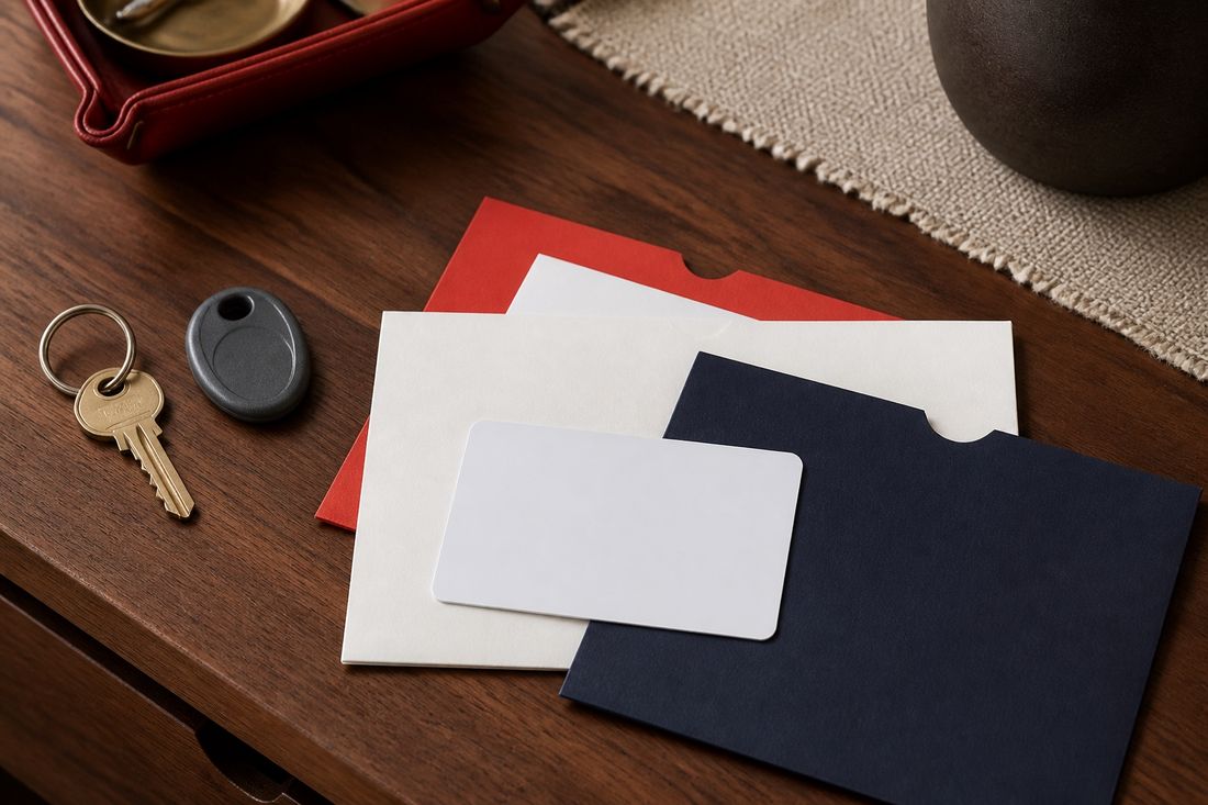 A brass key with a grey fob on a wooden desk, next to unlabelled red, cream and navy document sleeves and a blank white card