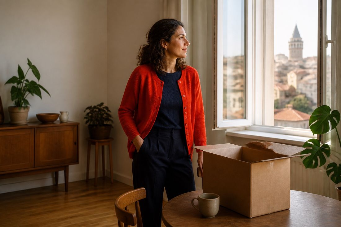 A woman in a red cardigan looks out of an open window over tiled rooftops, an unpacked cardboard box on the table beside her